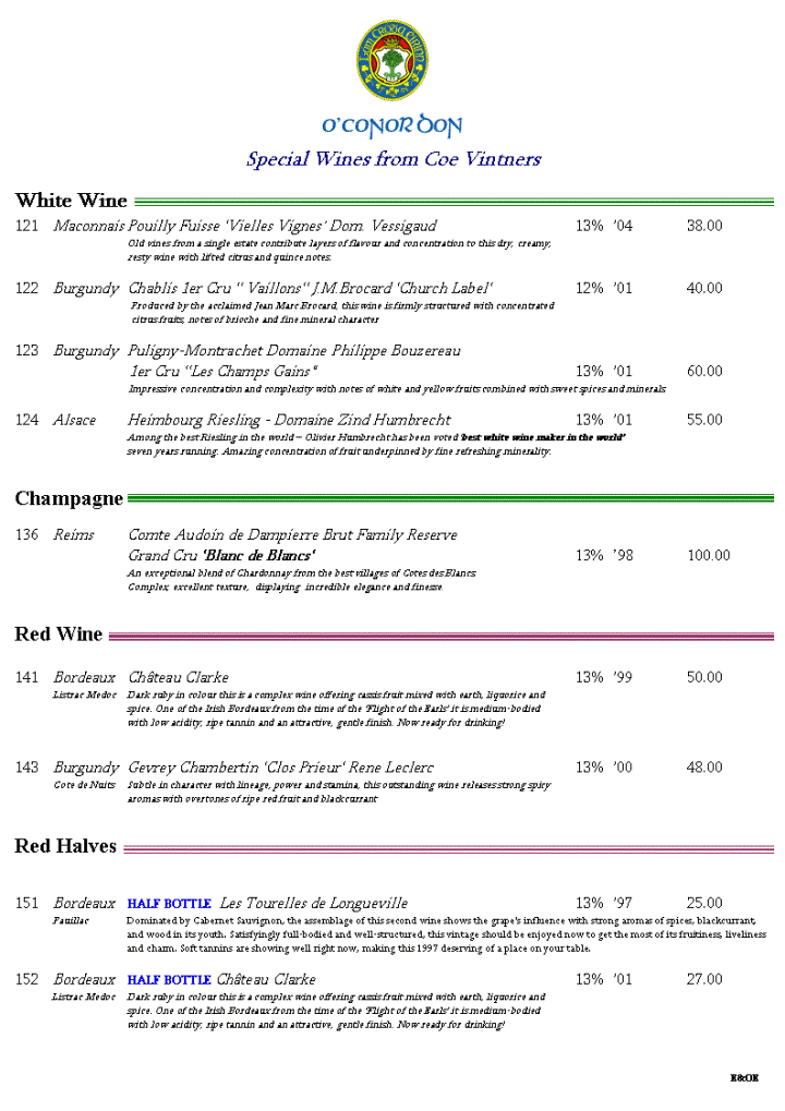Classic Wine List